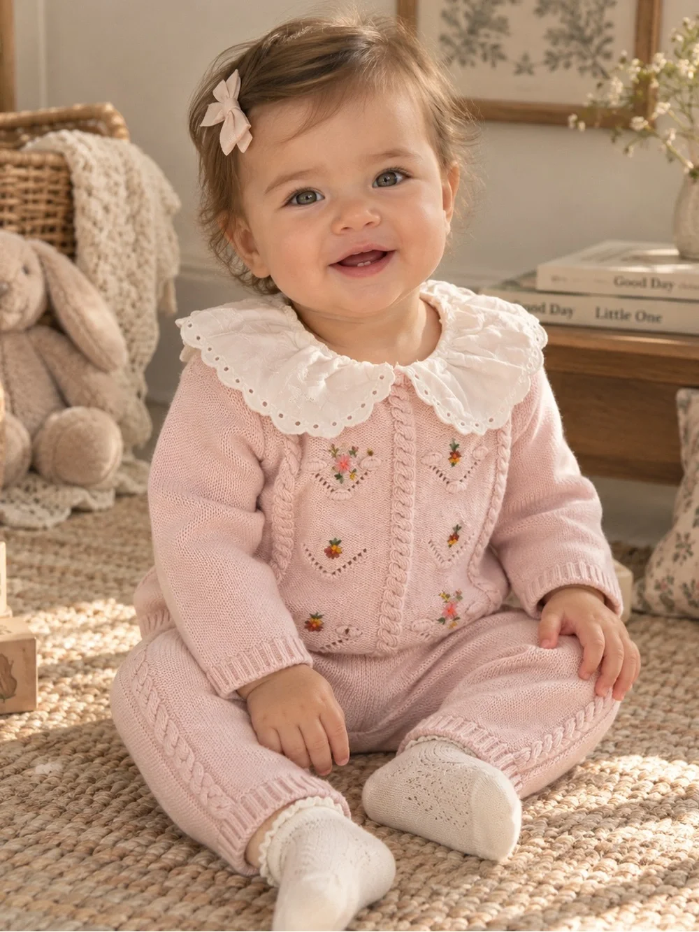Next Baby Girl Pink Knit Floral Sweater Set Size 9-12 Months